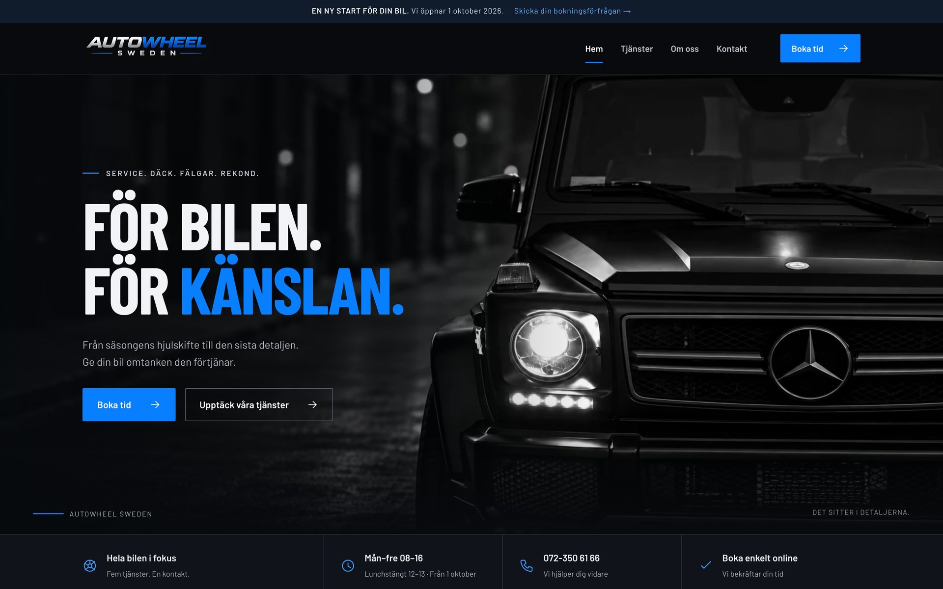 Startsida för Autowheel Sweden - mörk hero med bil och rubriken För bilen. För känslan.