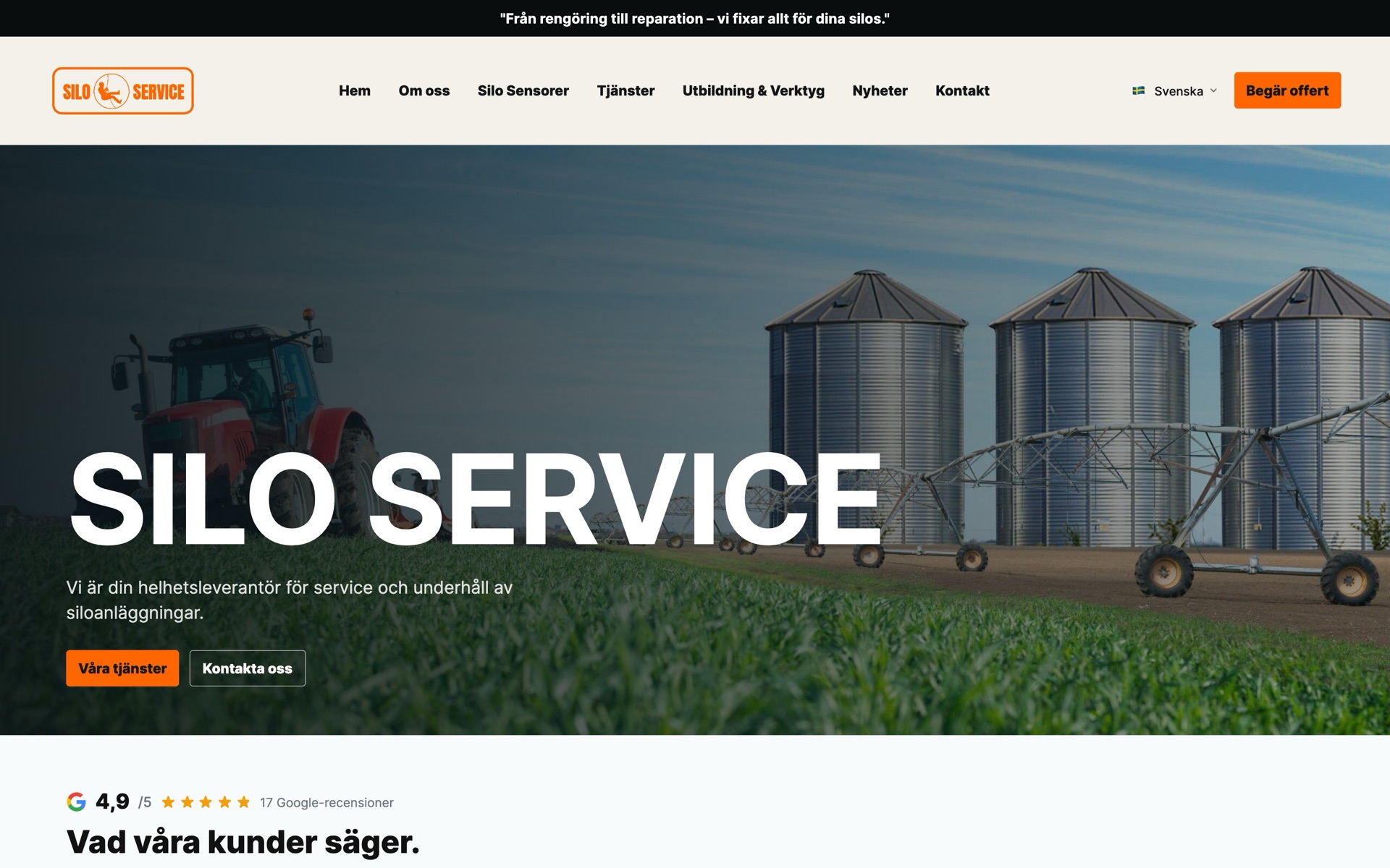 Silo Service homepage - silos and a tractor in a field